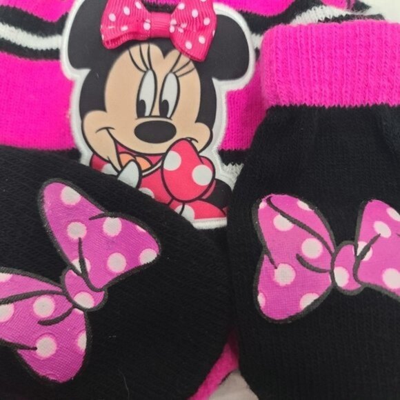 Disney Minnie Mouse Pom Pom Winter Beanie & Bow Mitten Toddler Girl Set - Picture 5 of 6
